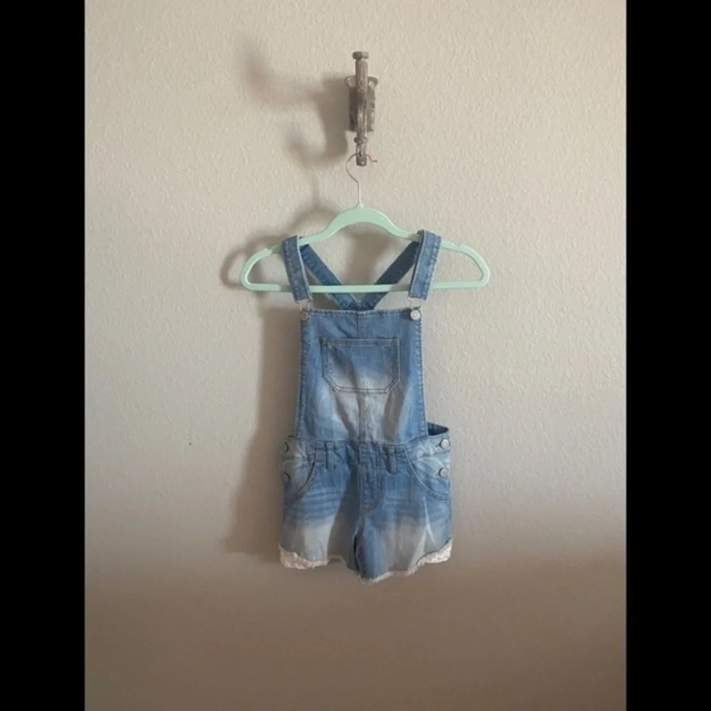 Cherokee Lace Trim Stretch Denim Overall Shorts​​​​​​​​​